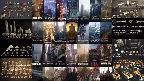 模型-精品68套kitbash3D科幻城堡建筑废墟街道模型合集(含贴图)