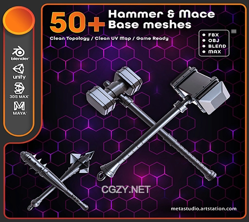 3D模型|50个狼牙棒锤子模型资产 Artstation – 50 Hammer & Mace Base Meshes