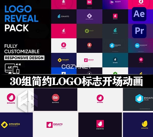 AE/PR模板|30组现代简约MG动画效果LOGO标志开场(含音乐素材) Simple Logo Reval Pack
