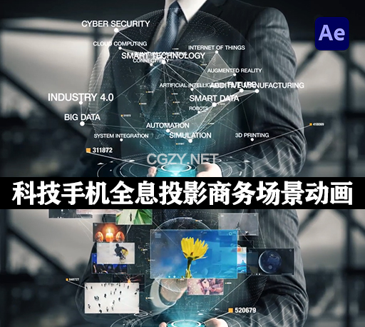 现代高科技手机全息投影商务场景动画AE模板 Businessman with Hologram Phone