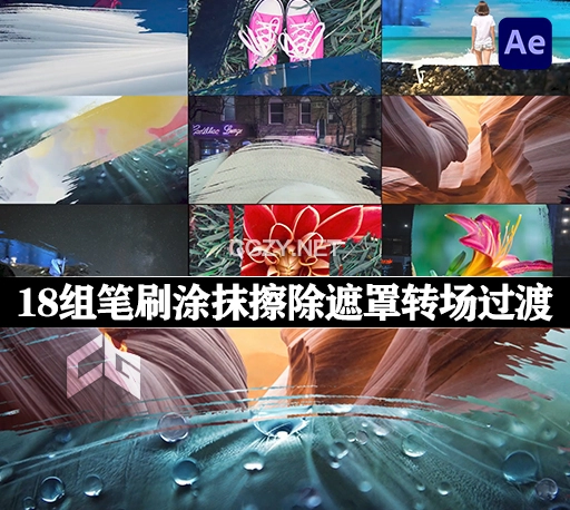 AE模板|18组笔刷涂抹擦除遮罩转场过渡 Paint Brush Transitions Pack