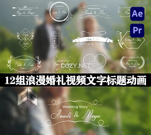 AE/PR模板|12组浪漫婚礼视频文字标题动画预设 Wedding Titles
