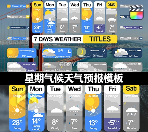 FCPX插件|星期气候下雨气温电视台天气预报模板 7 Days Weather Titles for FCPX