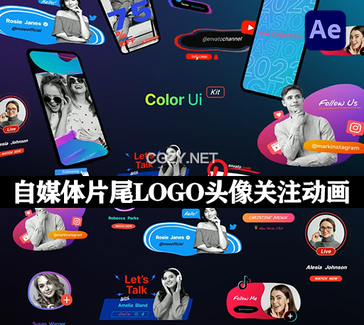 AE模板|抖音社交自媒体片尾LOGO头像引导关注动画 Color UI Kit