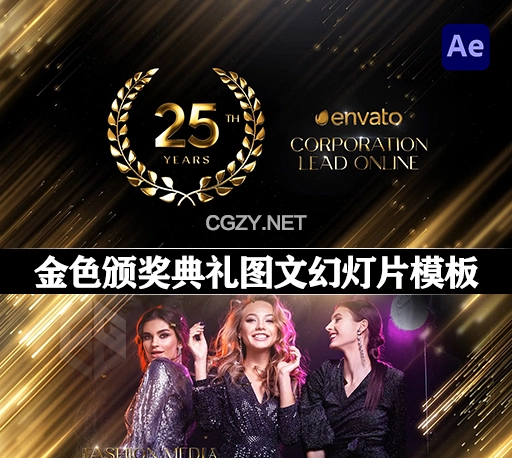 AE模板|华丽大气金色颁奖典礼开场图文幻灯片展示动画 Anniversary