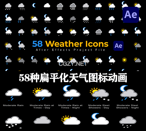 AE模板|58种扁平化阴雨雪晴天气预报图标动画 Weather Icons