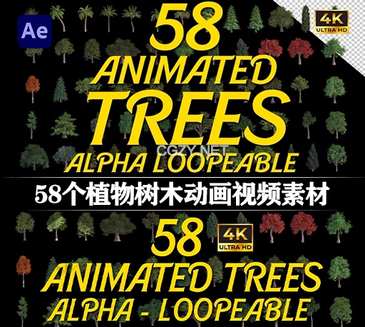 AE模板|58个植物树木动画视频素材 Animated Trees Alpha Loop Pack 4K