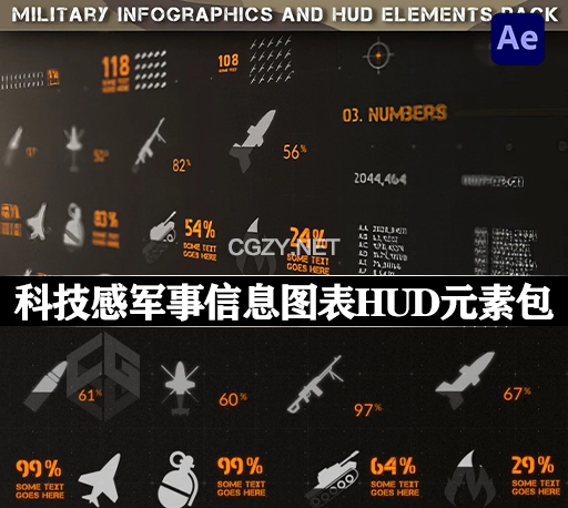 AE模板|科技感军事信息图表HUD元素包 Military Infographics and Hud Elements Pack