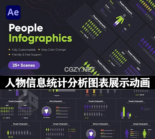 AE模板|25种人物信息统计分析图表展示动画 People Infographics