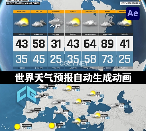 AE模板+脚本|世界天气预报自动生成动画 Automated WEATHER Forecast