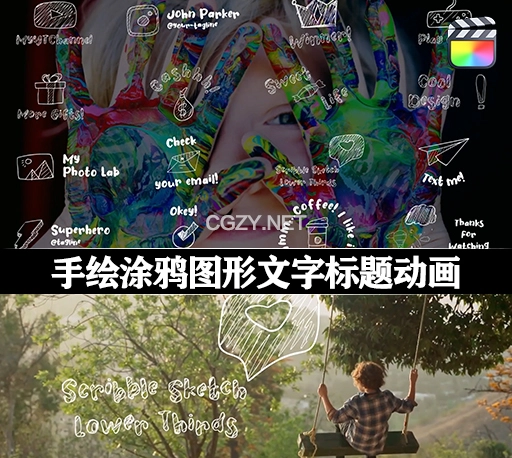 FCPX插件|16种创意卡通手绘涂鸦图形文字标题动画 Scribble Sketch Lower Thirds