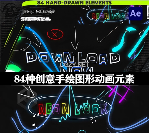 AE模板|84种创意手绘箭头字母图形线条动画元素 Hand Drawn Elements