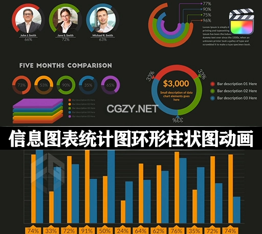 FCPX插件|12种信息数据图表统计图环形柱状图动画 Infographic Report