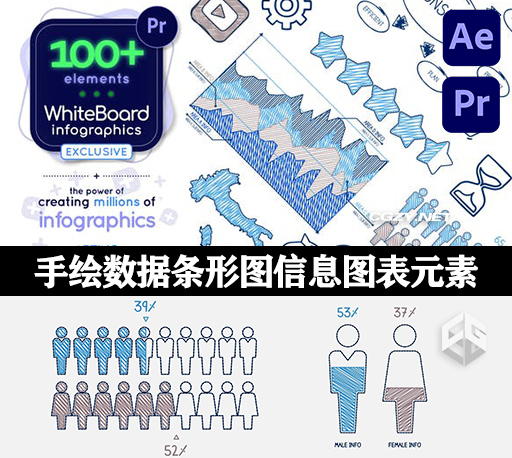 AE/PR模板|100种手绘数据条形图信息图表元素动画 Whiteboard Infographic