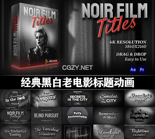 AE/PR模板|140组五十年代经典黑白老电影标题动画 AEJuice Noir Film Titles
