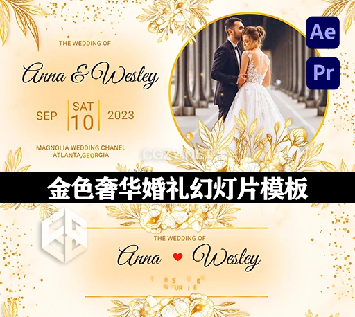 AE/PR模板|金色奢华婚礼幻灯片动画(含背景音乐) Golden Wedding