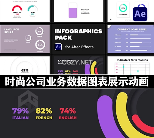 AE模板|时尚公司业务数据图表展示动画 Infographics Pack