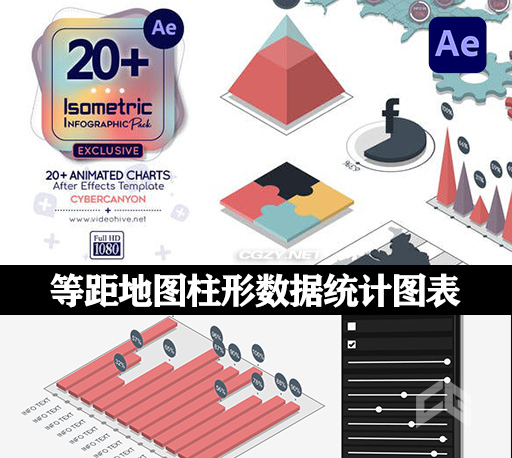 AE模板|20个等距地图柱形图饼图数据统计信息图表动画 Isometric Infographic Pack