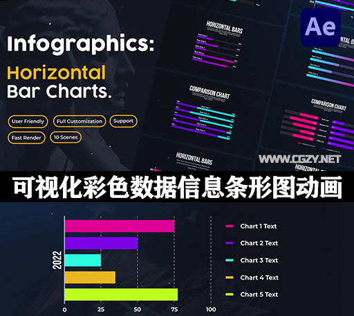 AE模板|10种可视化彩色数据信息对比条形图动画 Horizontal Bar Charts