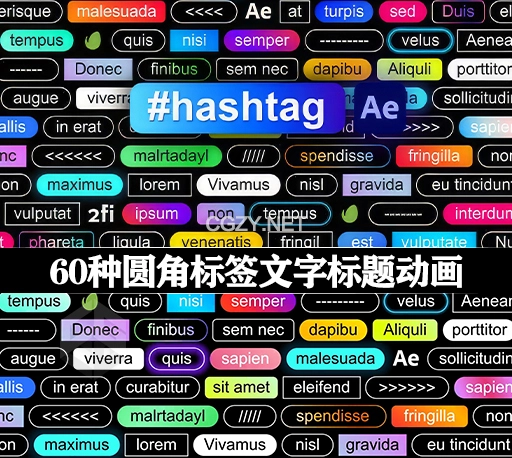 AE模板|60种创意圆角标签文字标题动画预设 Hashtag