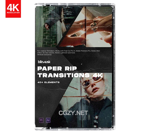 AE/PR模板|复古撕纸拼贴胶片颗粒噪点划痕纹理4K视频转场过渡素材+音效 Blindusk Paper Rip Transitions
