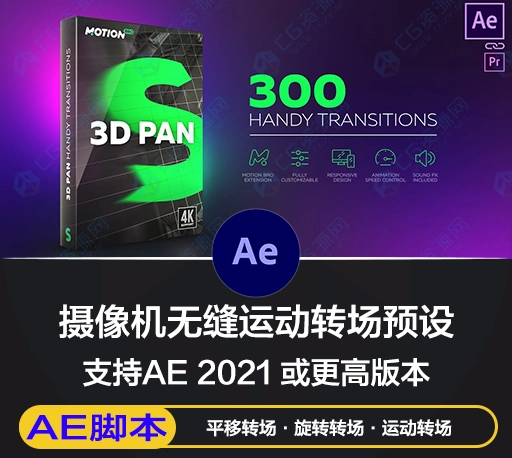 AE脚本|300组摄像机旋转平移无缝运动转场预设 3D Pan Transitions