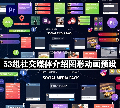 PR模板|53组社交媒体评论弹窗标注介绍图形动画预设 Social Media Pack