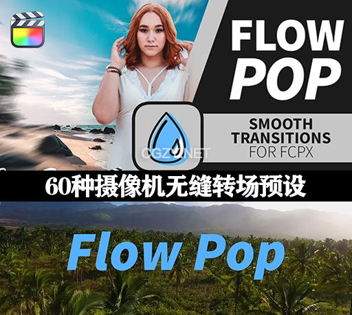 FCPX插件|60种摄像机移动缩放失真拉伸变形旋转丝滑流畅视频无缝转场预设 Flow Pop