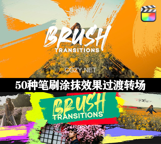 中文汉化FCPX插件|50种笔刷涂抹效果过渡转场预设 Brush Transitions