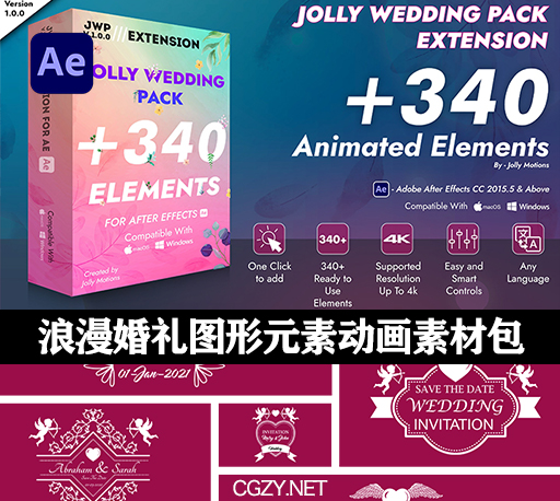 AE脚本|340个浪漫婚礼图形元素动画素材-Jolly Wedding Pack