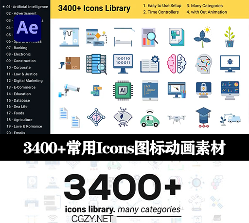 AE模板|3400+常用Icons图标素材动画模板下载-Animated Icons Library