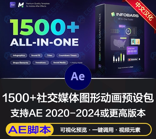 中文汉化AE脚本|1500组社交媒体数据图表倒计时文字标题过渡转场音效图形动画预设包 Motion Bro 4 Motion Graphics Pack V1