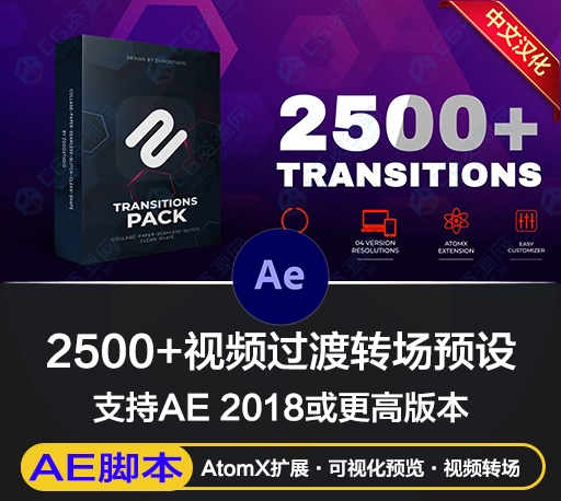 AE脚本|2652组数字故障失真扭曲缩放拼贴图形遮罩视频转场预设 Transitions Toolbox V2
