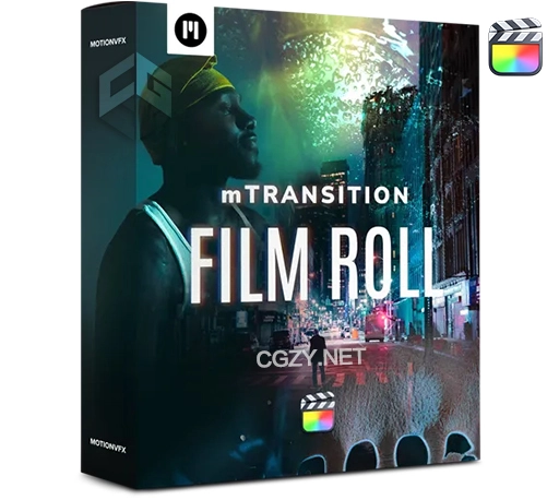 FCPX插件|50种复古电影胶片失真闪光灼烧穿孔混乱转场过渡预设 MotionVFX mTransition Film Roll