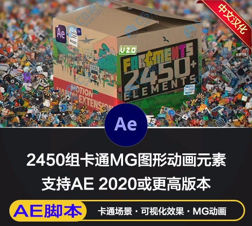 中文汉化AE脚本|2450组二维卡通人物图标场景MG动画素材包+PR预设 Motion Bro 4 Fragments V2破解版