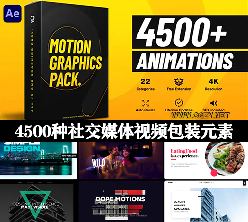 AE脚本|4500种文字标题排版信息数据字幕图标背景转场竖屏社交网络包装动画元素包V5 Graphics Pack