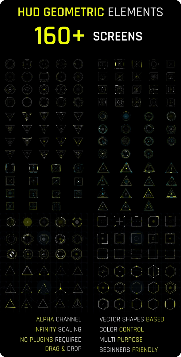 AE模板|160组未来全息投影几何HUD图形元素 HUD Elements Geometric Pack AE模板|160组未来全息投影几何HUD图形元素 HUD Elements Geometric Pack