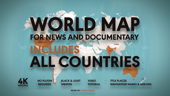 AE模板|4K世界地图旅行导航路径线标题位置标记 World Map For News and Documentary AE模板|4K世界地图旅行导航路径线标题位置标记 World Map For News and Documentary