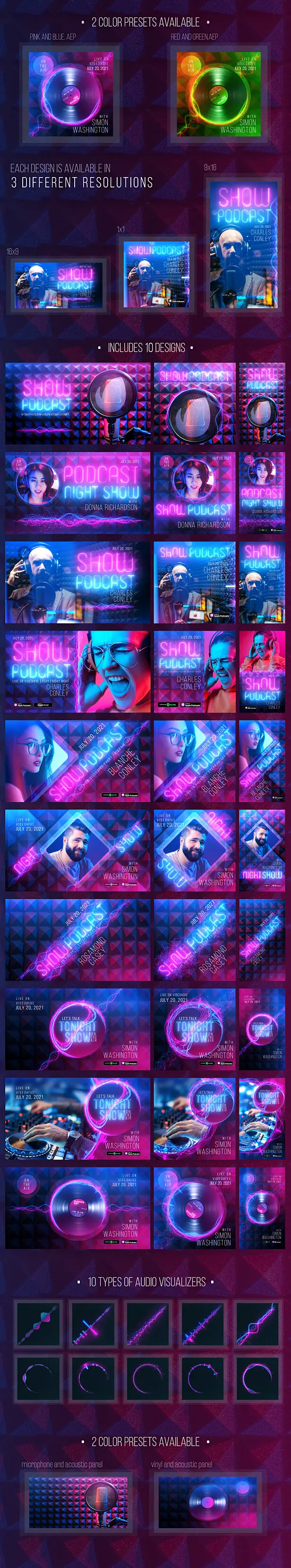 AE模板|10种抖音霓虹灯音乐专辑封面音频可视化音乐模板-Neon Podcast AE模板|10种抖音霓虹灯音乐专辑封面音频可视化音乐模板-Neon Podcast