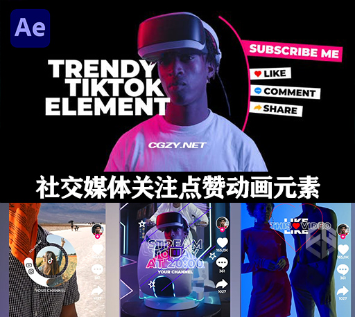 AE模板|时尚社交媒体博主关注点赞动画元素 Trendy TikTok Elements AE模板|时尚社交媒体博主关注点赞动画元素 Trendy TikTok Elements