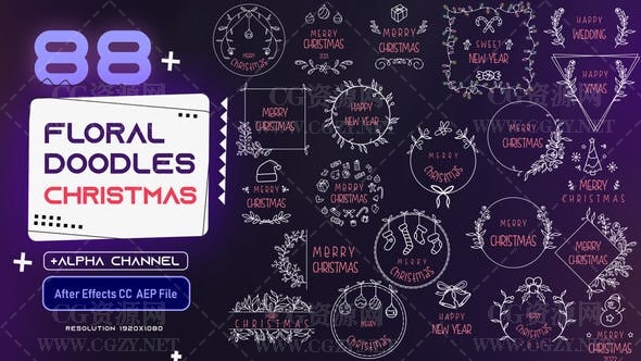 AE模板|88个花卉边框圣诞节手绘涂鸦装饰文字标题动画模板-Floral Doodles Pack – Christmas AE模板|88个花卉边框圣诞节手绘涂鸦装饰文字标题动画模板-Floral Doodles Pack – Christmas