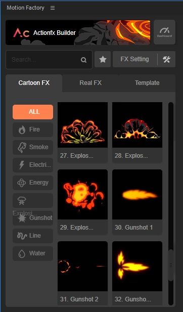 AE脚本|48种卡通动漫火焰水流爆炸烟雾MG动画元素 Motion Factory ActionFX Builder AE脚本|48种卡通动漫火焰水流爆炸烟雾MG动画元素 Motion Factory ActionFX Builder